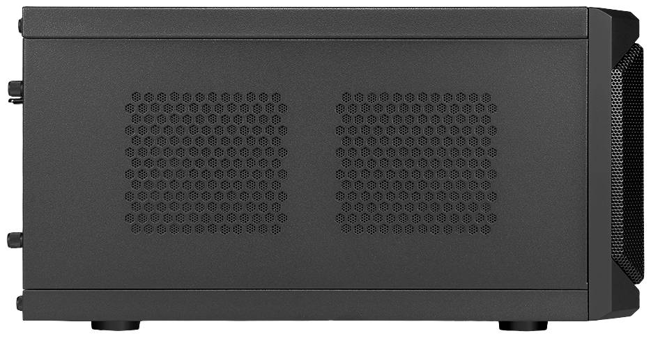 Een zwart, rechthoekig computerbehuizing met ventilatierooster aan de zijkant, geschikt voor compacte pc-builds.