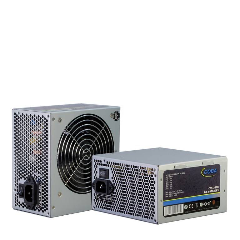 Twee zilveren computervoedingen, waarvan er één een ventilator toont en de andere de achterkant met een stroomaansluiting en technische specificaties.
