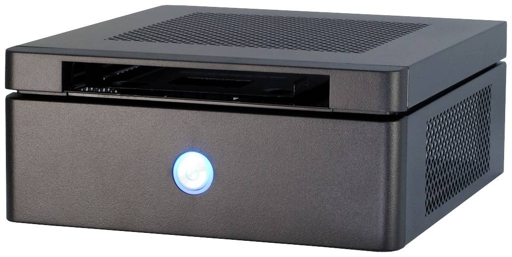 Een kleine, zwarte mini-pc met een oplichtende blauwe aan/uit-knop aan de voorkant en ventilatiesleuven bovenop.