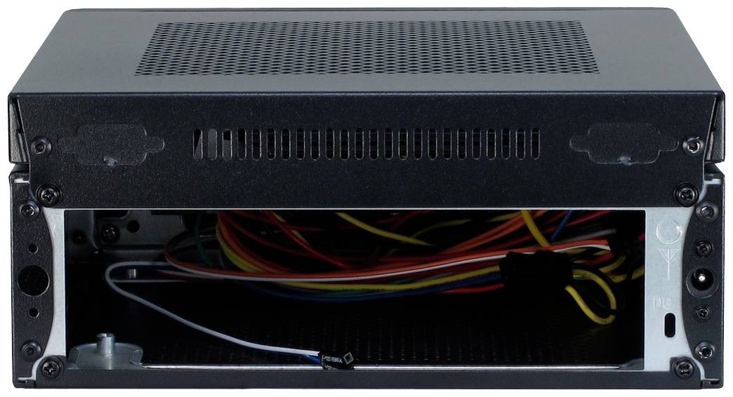 Een open computerbehuizing met zichtbare kabels aan de binnenkant. Het toont de voorkant zonder afdekking, klaar voor componenten.