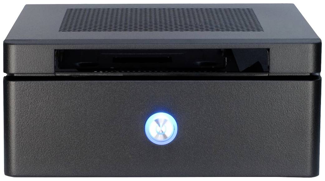 Een kleine zwarte computer met een oplichtende blauwe aan/uit-knop aan de voorkant.