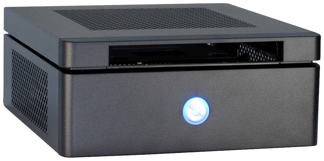 Zwarte mini-pc met oplichtende blauwe aan/uit-knop