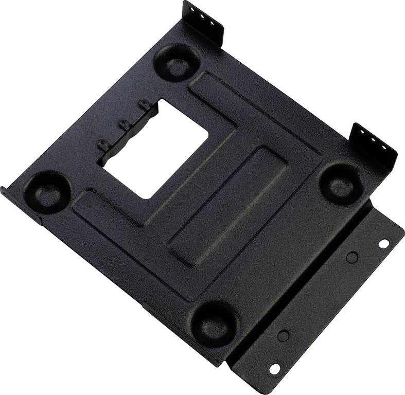 Zwarte metalen beugel met afgeronde hoeken, gebruikt voor het bevestigen van apparaten zoals monitoren aan muren of bureaus.