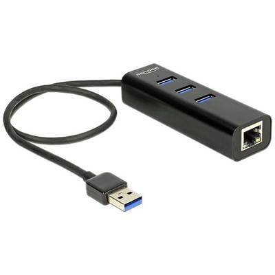 Een zwarte USB-hub met drie USB-poorten en een Ethernet-poort, verbonden met een USB-kabel.