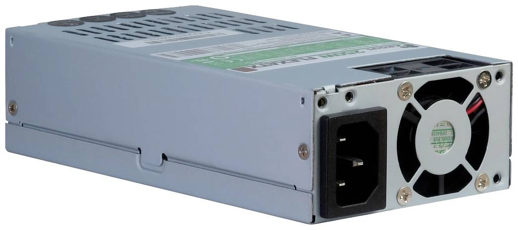 Een metalen computer-voedingsunit met ventilator en stroomaansluiting aan de achterkant. Het wordt gebruikt voor de stroomvoorziening van computercomponenten.