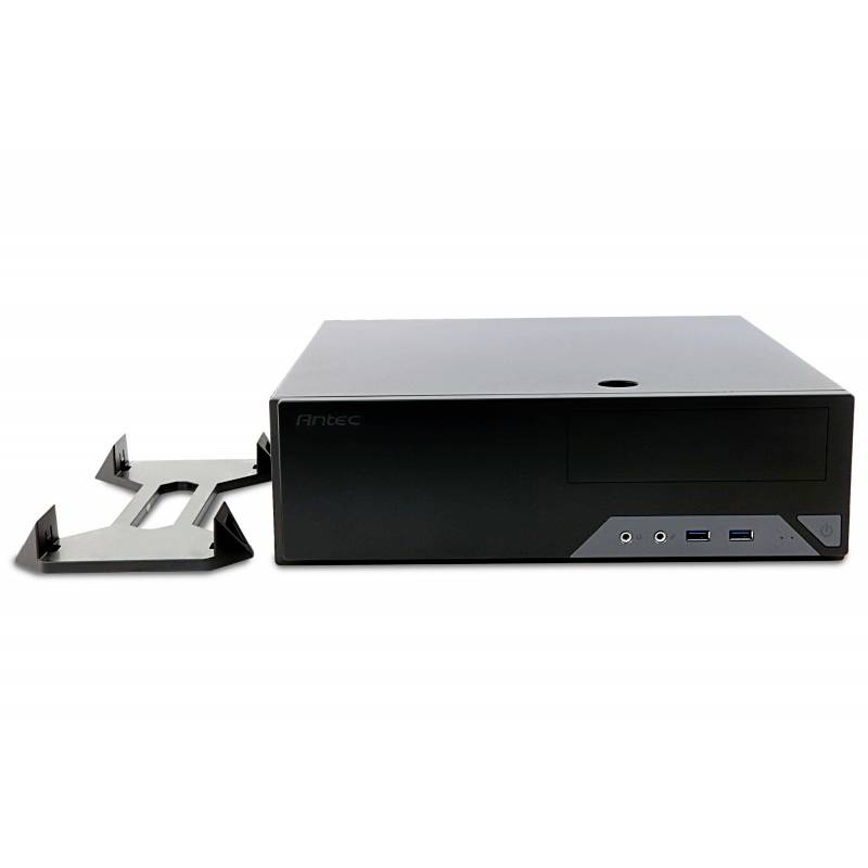 'Zwart desktop mini-pc-behuizing met plat ontwerp, twee USB-poorten en een cd-stationssleuf aan de voorzijde.'