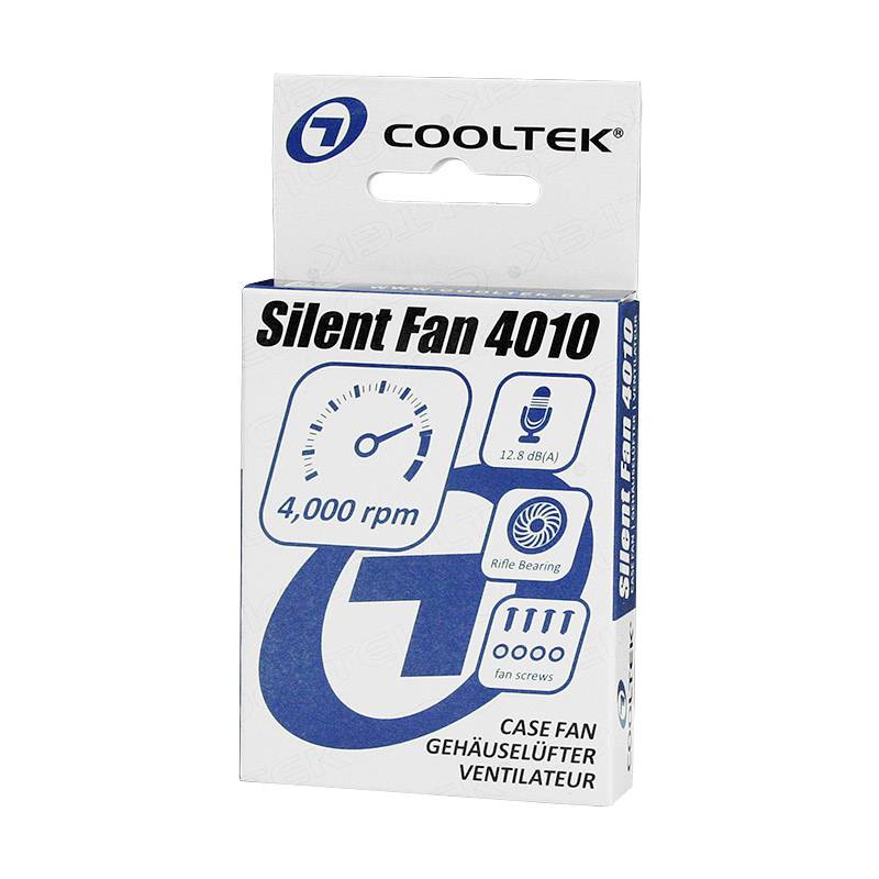 'Cooltek Silent Fan 4010' verpakking. Details: 4.000 tpm, 12,3 dB(A) geluidsniveau, kogellager, behuizingsventilator met montage-schroeven.