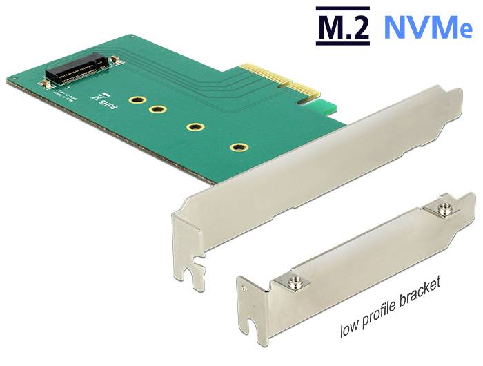 'Groene M.2 NVMe SSD-adaptkaart met PCIe-aansluiting en bijgeleverde low-profile bevestigingsbeugels.'