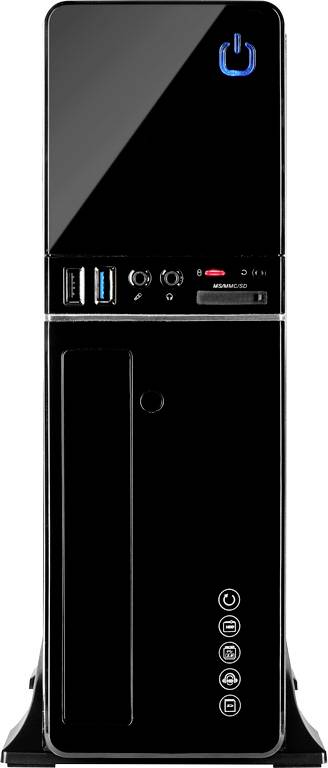 Een zwarte computerbehuizing met een blauw aan/uit-symbool. Hij beschikt over USB-poorten en audio-aansluitingen aan de voorkant.