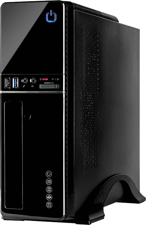 Zwarte desktop-computertoren met aan/uit-knop, USB-poorten en ventilatiesleuven aan de zijkant.
