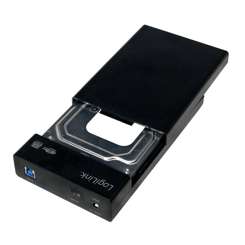Een extern behuizing voor 3,5-inch SATA-harde schijven, met USB-aansluiting en zwarte behuizing.