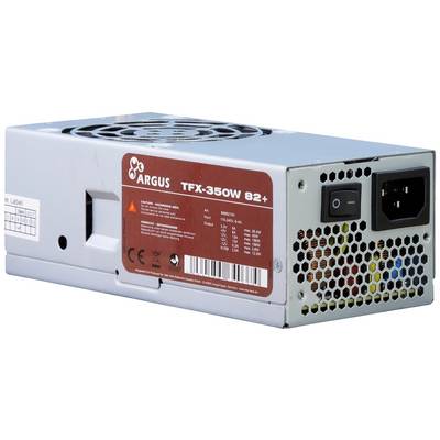 Zilveren Argus TFX-350W voeding met ventilator en aan/uit-schakelaar. Geschikt voor de stroomvoorziening van computers of vergelijkbare apparaten.