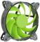 Een grijze computerventilator met groene vleugels. Ideaal voor de koeling van pc-componenten.