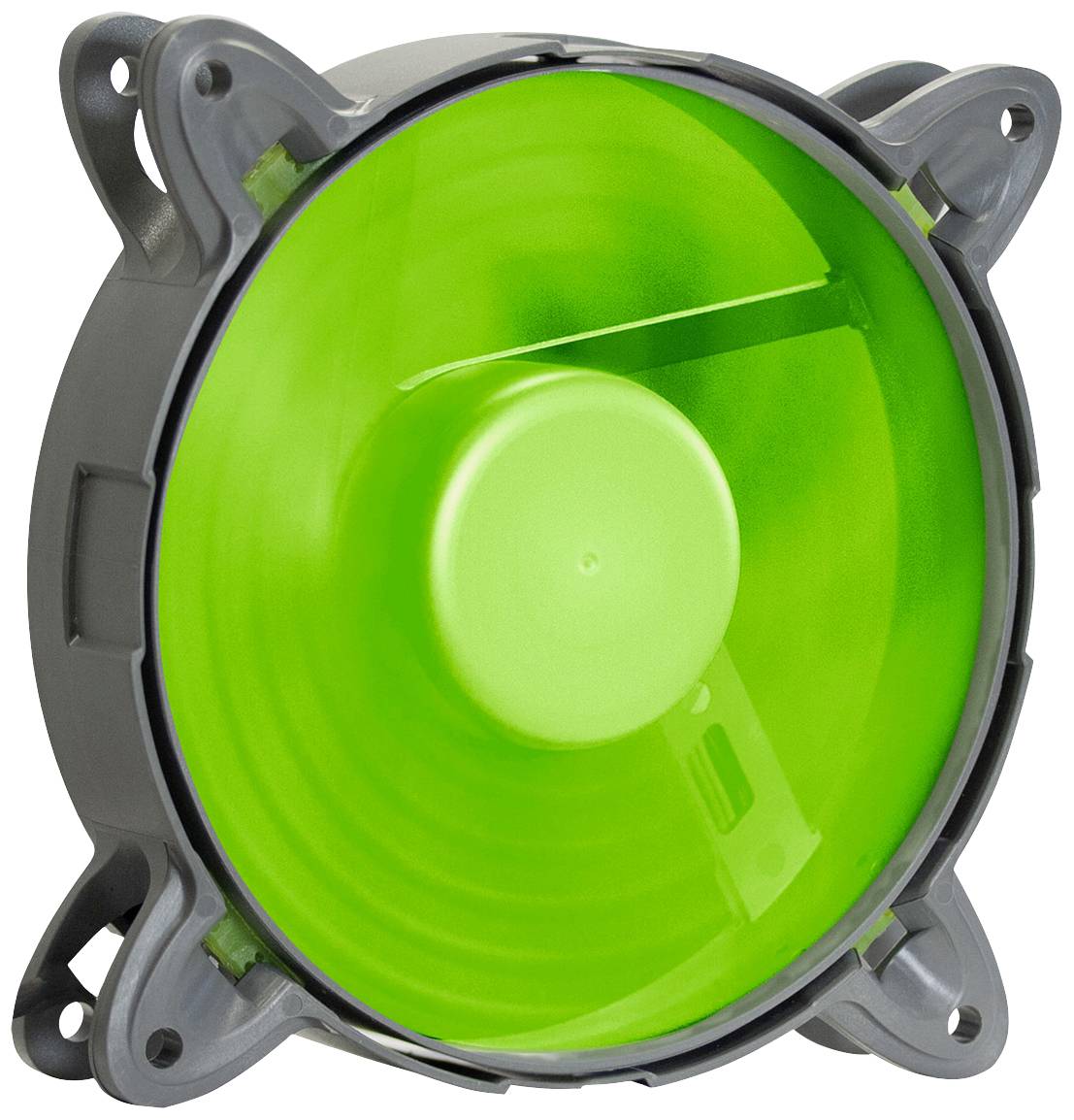 Groene computerventilator in een grijze behuizing, vervaardigd uit kunststof. De ventilator wordt gebruikt voor de koeling van elektronische apparaten.
