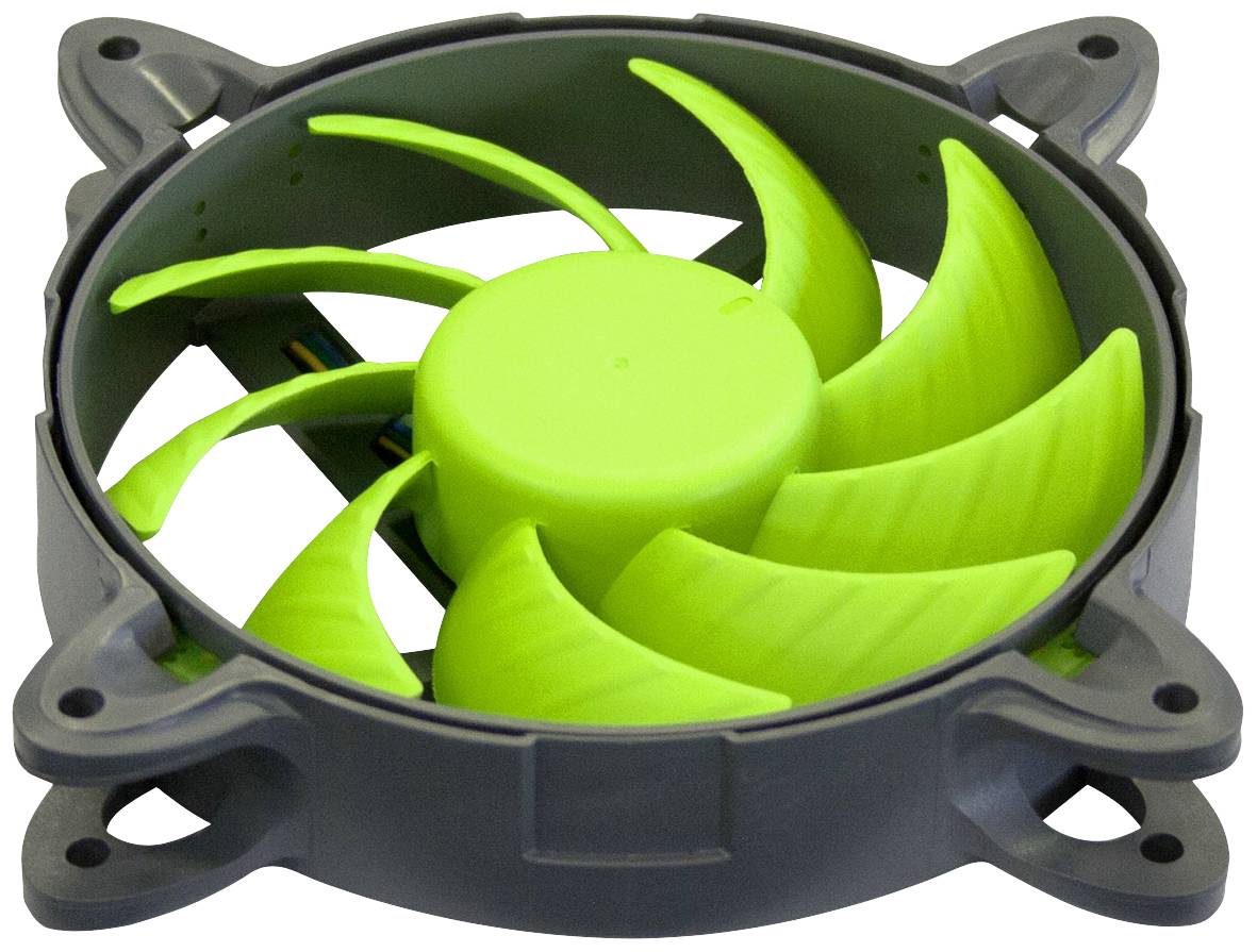 Een groene computerventilator met acht gebogen schoepen, gemonteerd in een grijze behuizing, wordt gebruikt voor de koeling van hardwarecomponenten.
