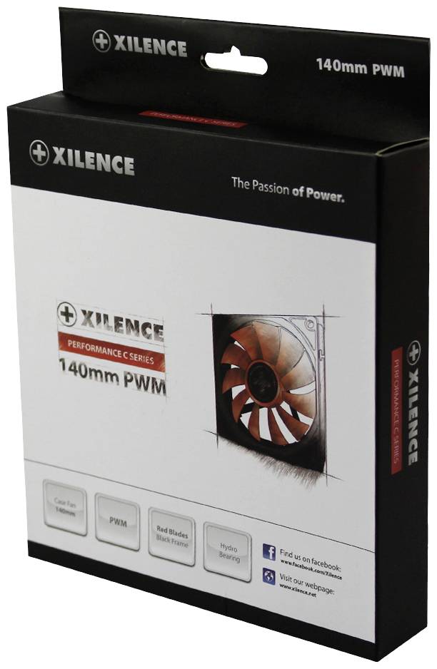 Zwarte verpakking van een Xilence 140mm PWM ventilator, toont afbeelding van de ventilator en tekst 'The Passion of Power'.