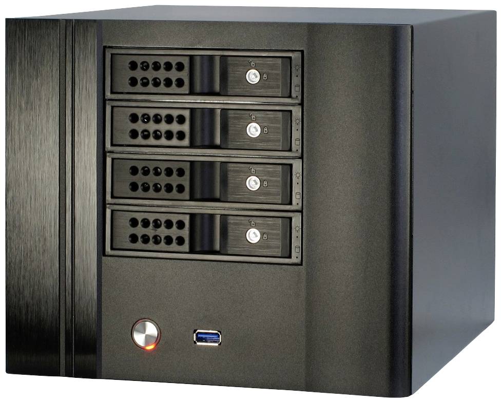 Een zwart, vierkant computerbehuizing met vier harde schijf behuizingen, een USB-aansluiting en een oranje verlichte netschakelaar.