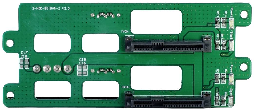 Een groene printplaat voor het ondersteunen van twee SSD's. Hij heeft aansluitingen en verschillende elektronische componenten gemonteerd.