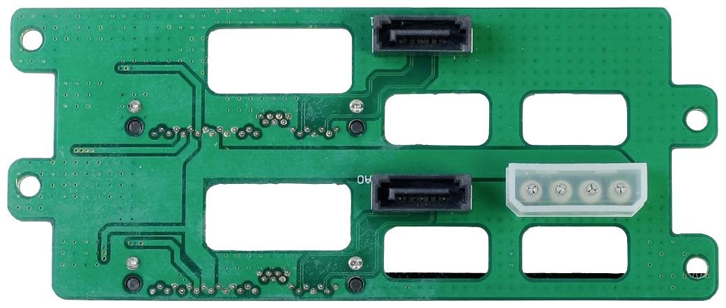 Groene printplaat met twee aansluitingen en een witte 4-pins connector, vermoedelijk voor elektrische verbindingen in apparaten.