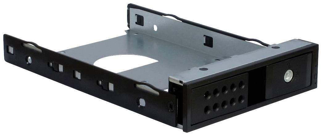 Metalen frame voor een computerbehuizing met montageOpeningen en een vergrendelingsmechanisme aan de voorzijde.