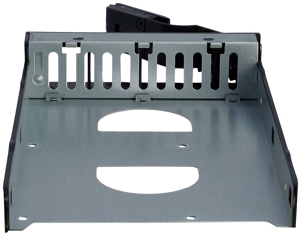 Metalen frame van een computerbehuizing, ontworpen voor het plaatsen van opslagmedia of drives. Bovenkant voorzien van ventilatiesleuven.