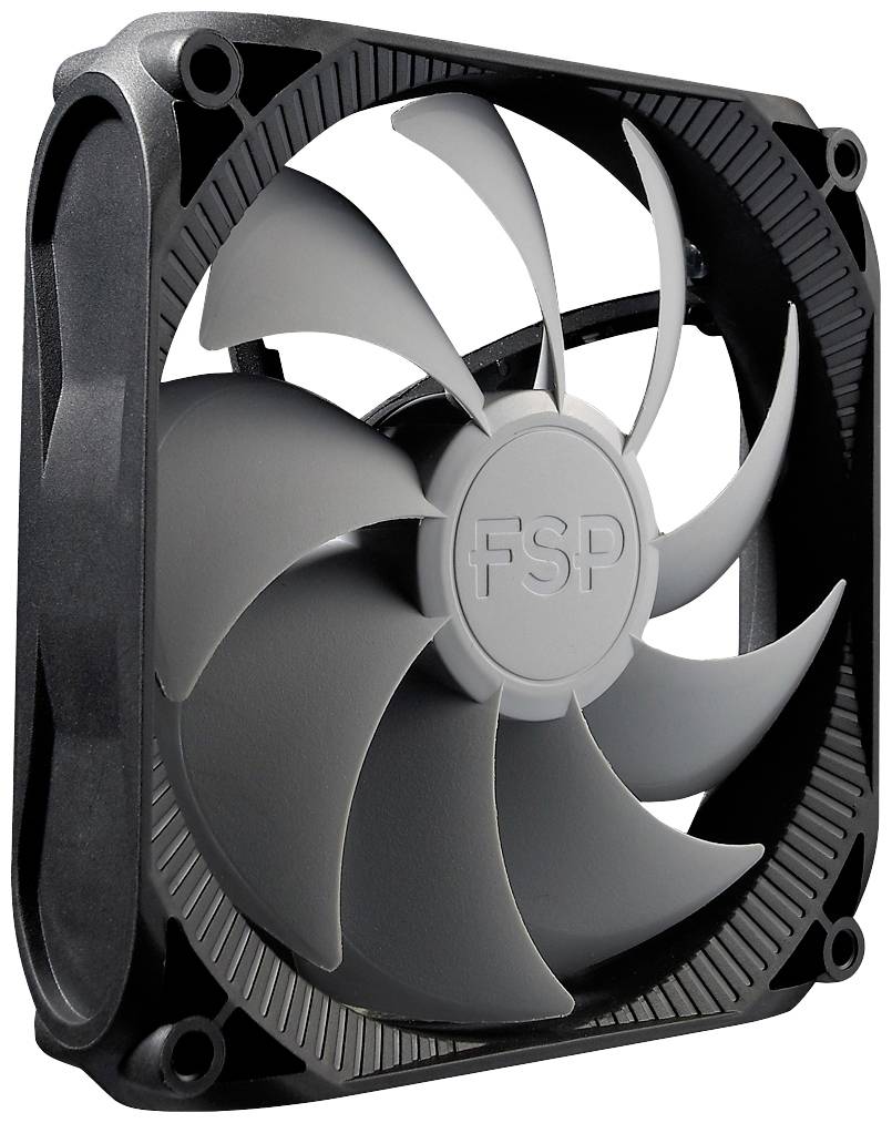 Grijs-zwarte computerventilator met negen schoepen en het 'FSP'-logo in het midden, ontworpen voor de koeling van PC-componenten.