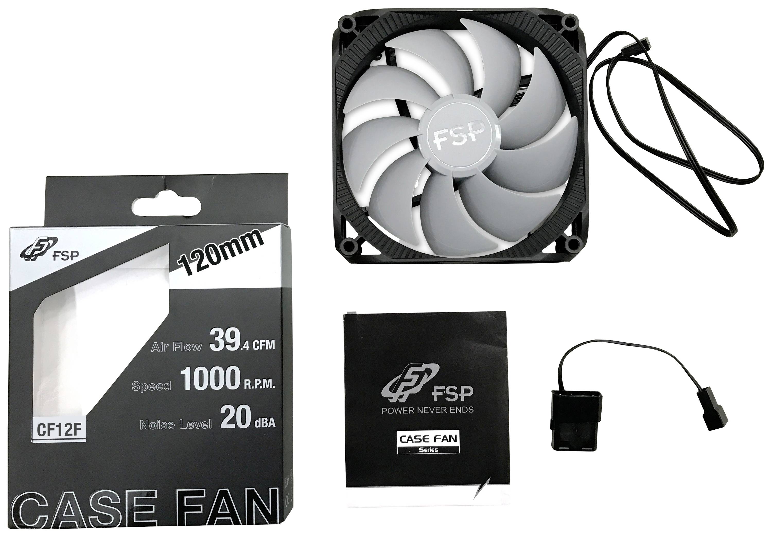 Behuizingsventilatorset met 120mm ventilator, maximaal 1000 rpm, luchtstroom 39,4 CFM, geluidsniveau 20 dBA, inclusief verpakking en handleiding.