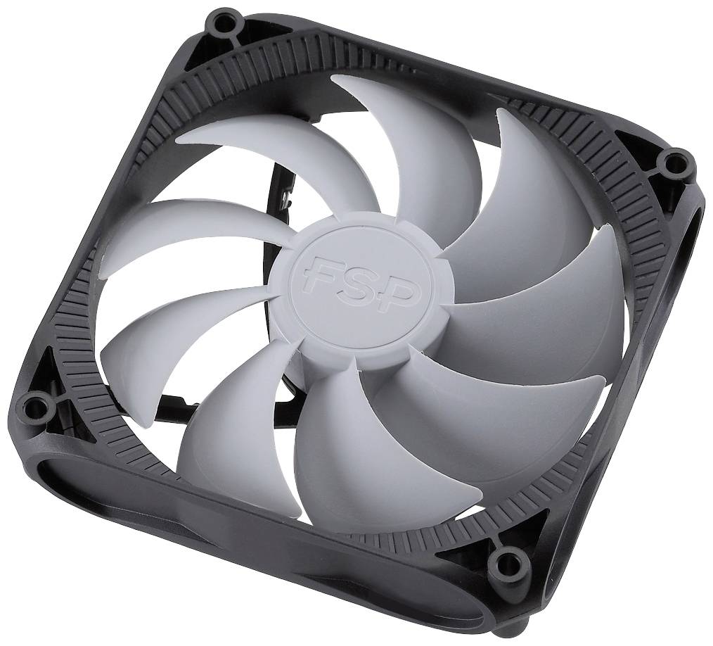 Een grijs-zwarte computerventilator met het opschrift 'FSP' in het midden. De ventilator heeft acht bladen en vier montagegaten voor schroeven.