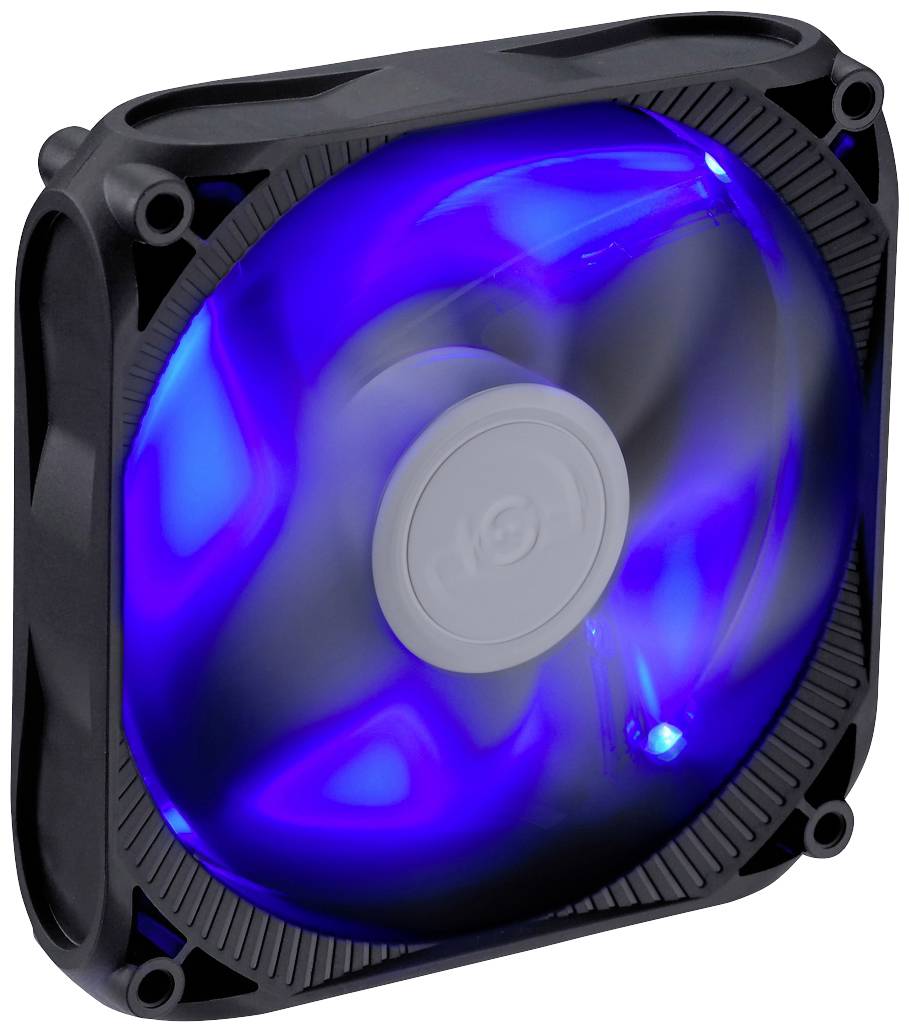 Een zwarte computerventilator met blauwe LED-verlichting in werking. De ventilator draait om lucht te laten circuleren en warmte af te voeren.