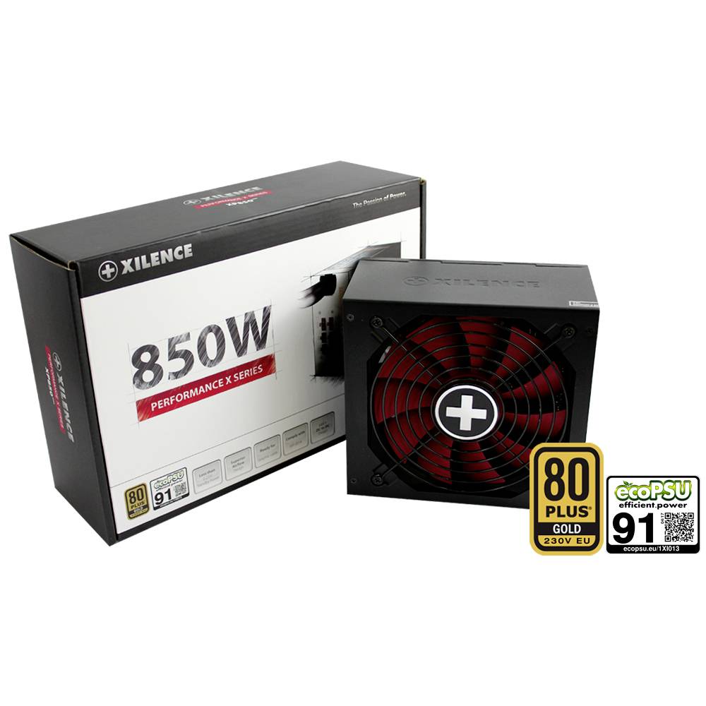 Voeding Xilence 850W uit de Performance X-serie, 80 Plus Gold gecertificeerd, hoge energie-efficiëntie met 91% prestatie.