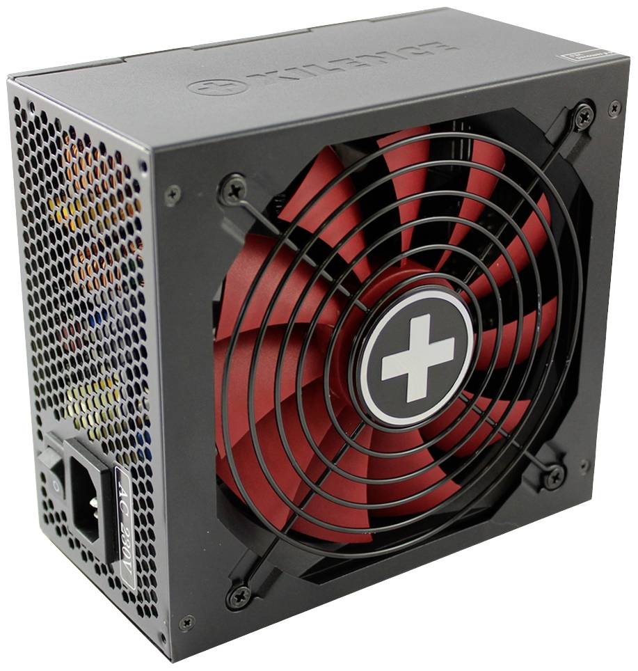 Een computervoeding met een rode ventilator en een zwarte behuizing, zijaanzicht. Stroomaansluiting en ventilatierooster zichtbaar.