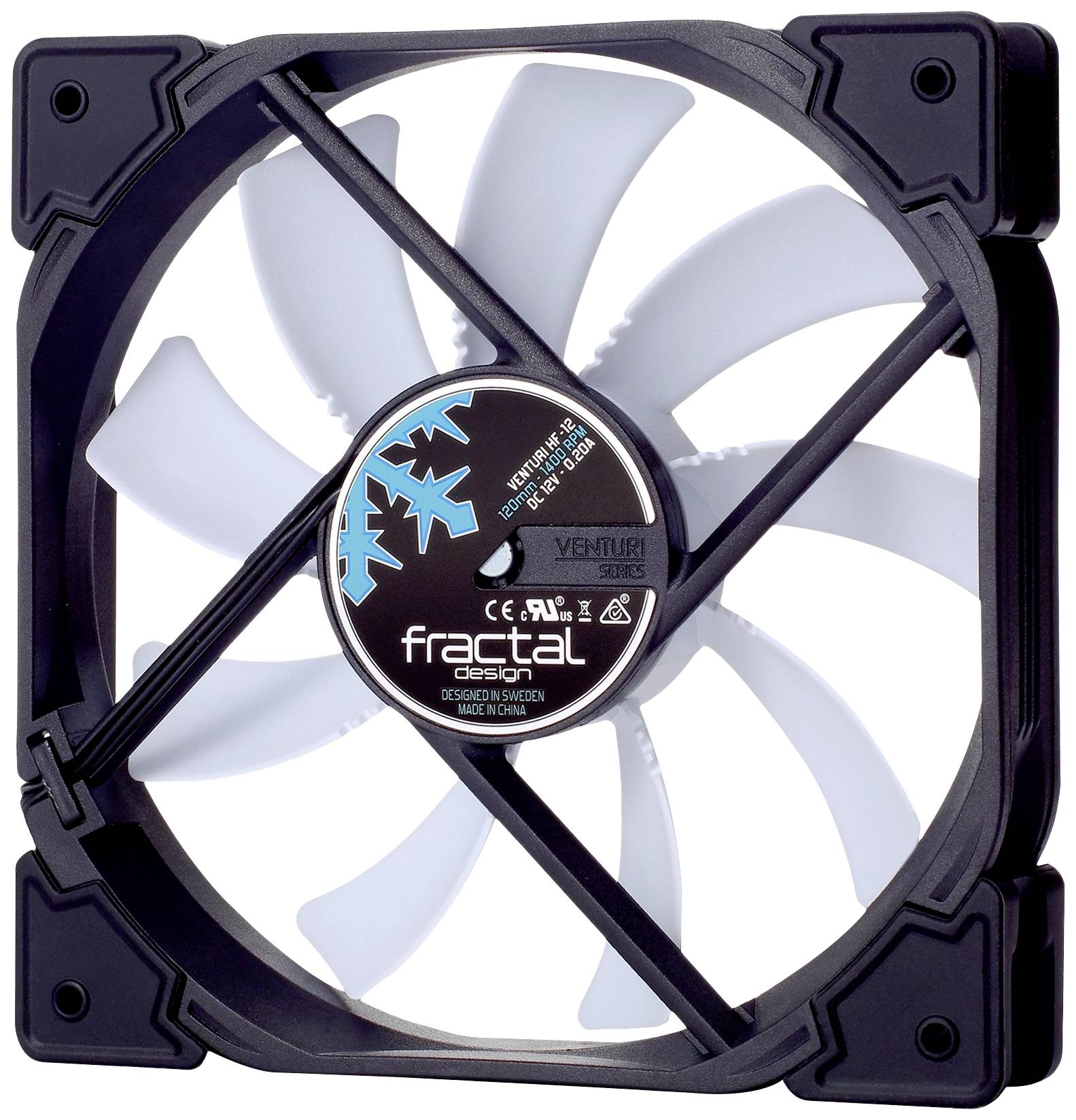 Een zwarte computerventilator met witte rotorbladen. In het midden staat 'fractal design'. Modelnummer en andere specificaties zijn afgebeeld.