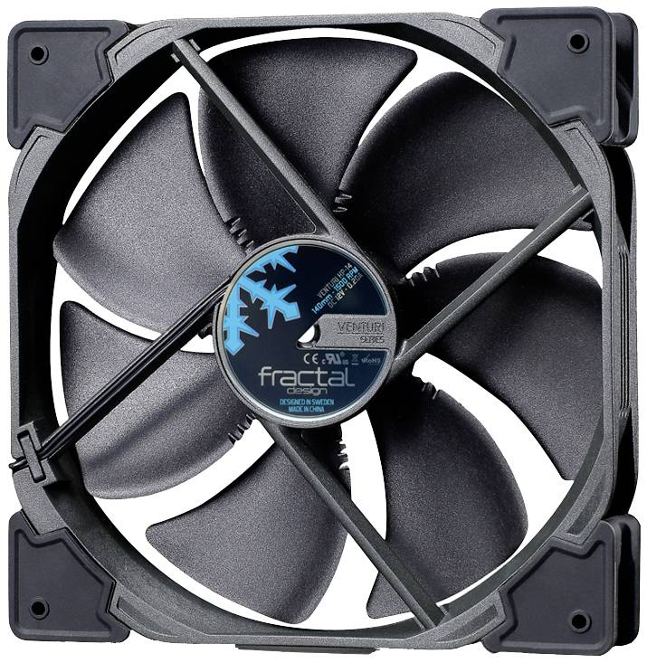 Een zwarte computerventilator met zeven bladen en een blauw logo in het midden, tekst: 'fractal design. Silent Series R2'.