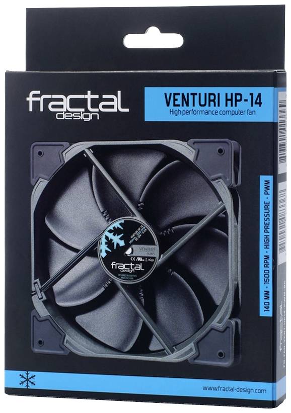 'Fractal Design Venturi HP-14' verpakking met computerventilator, hoge luchtstroom, 140 mm, 1500 rpm, 3-pins aansluiting, 78 CFM.