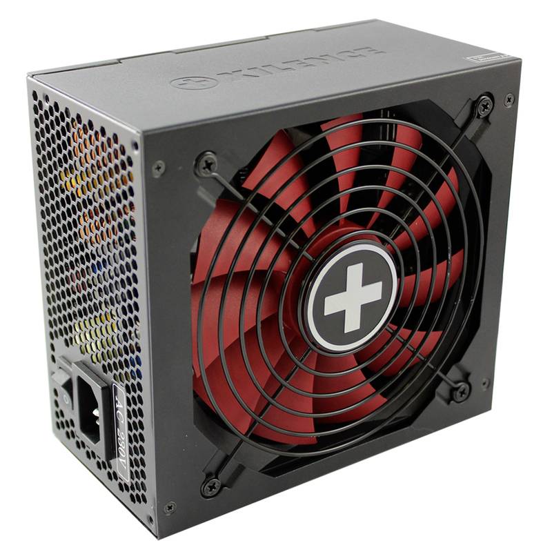 'Zwarte pc-voeding met rood-zwarte ventilator en netschakelaar. Geschikt voor gebruik in desktopcomputers.'
