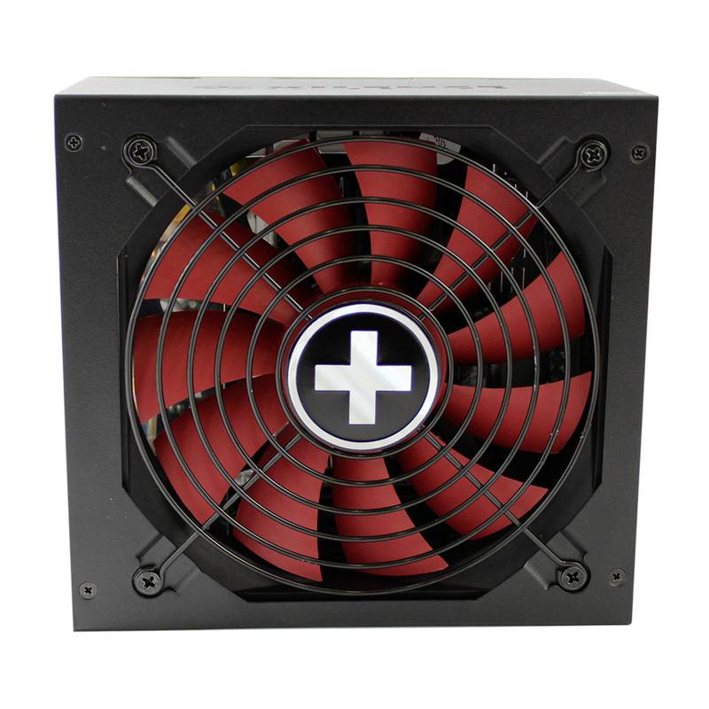 Elektronisch apparaat met rode ventilator en wit kruis in het midden, omgeven door een zwarte behuizing; vermoedelijk een computervoeding.