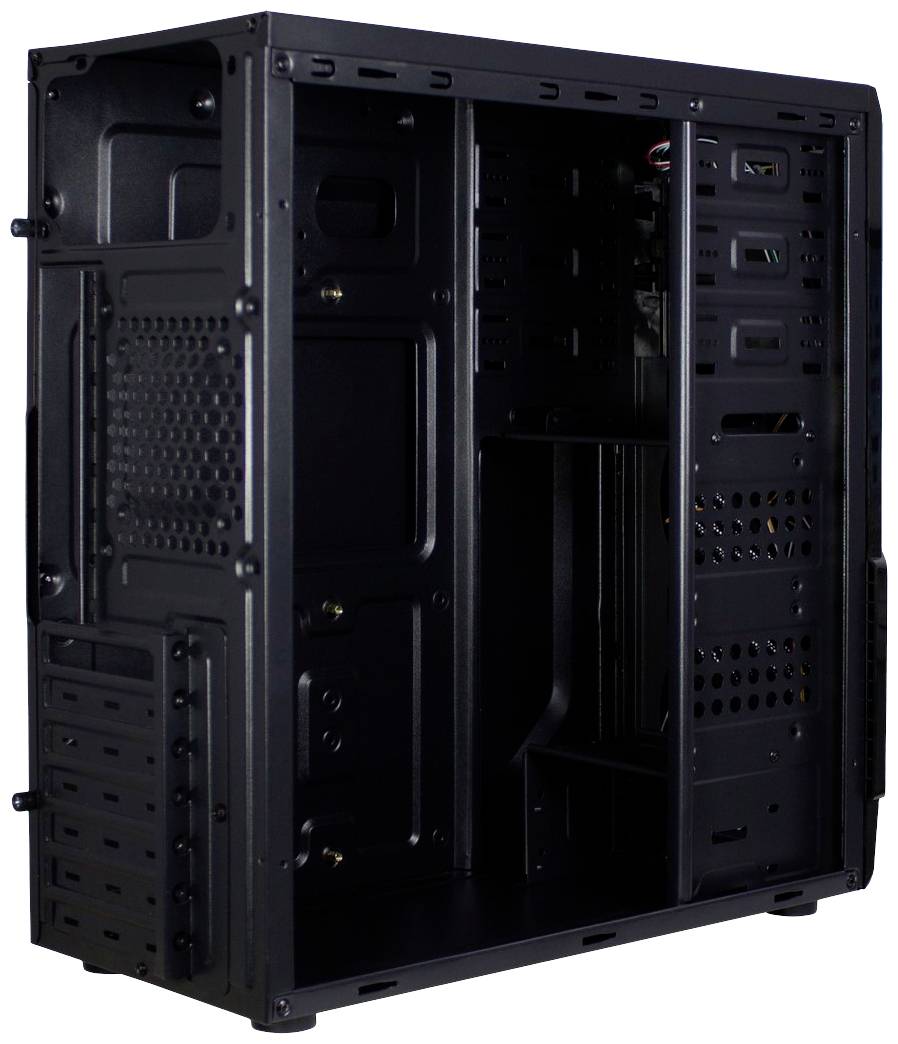Zwart computerbehuizing zonder interne hardware, aan de zijkant geopend, toont ruimte voor drives, moederbord en ventilatoren.