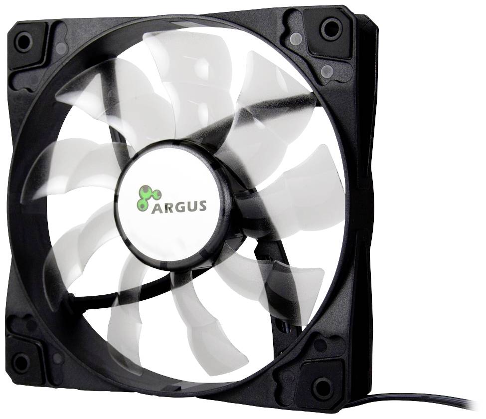 Zwarte computer-ventilator met negen transparante rotorbladen en het 'Argus'-logo in het midden. Kabel aan de rechterkant.