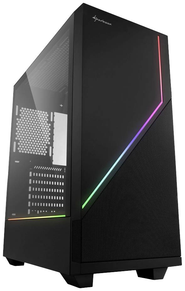 Een zwarte computerbehuizing met een diagonaal verlopende RGB-lichtbalk en een transparante zijwand.