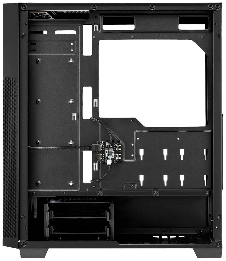 Zwart computerbehuizing zonder componenten, met zijraam en meerdere montageplaatsen voor gegevensdragers en ventilatoren.