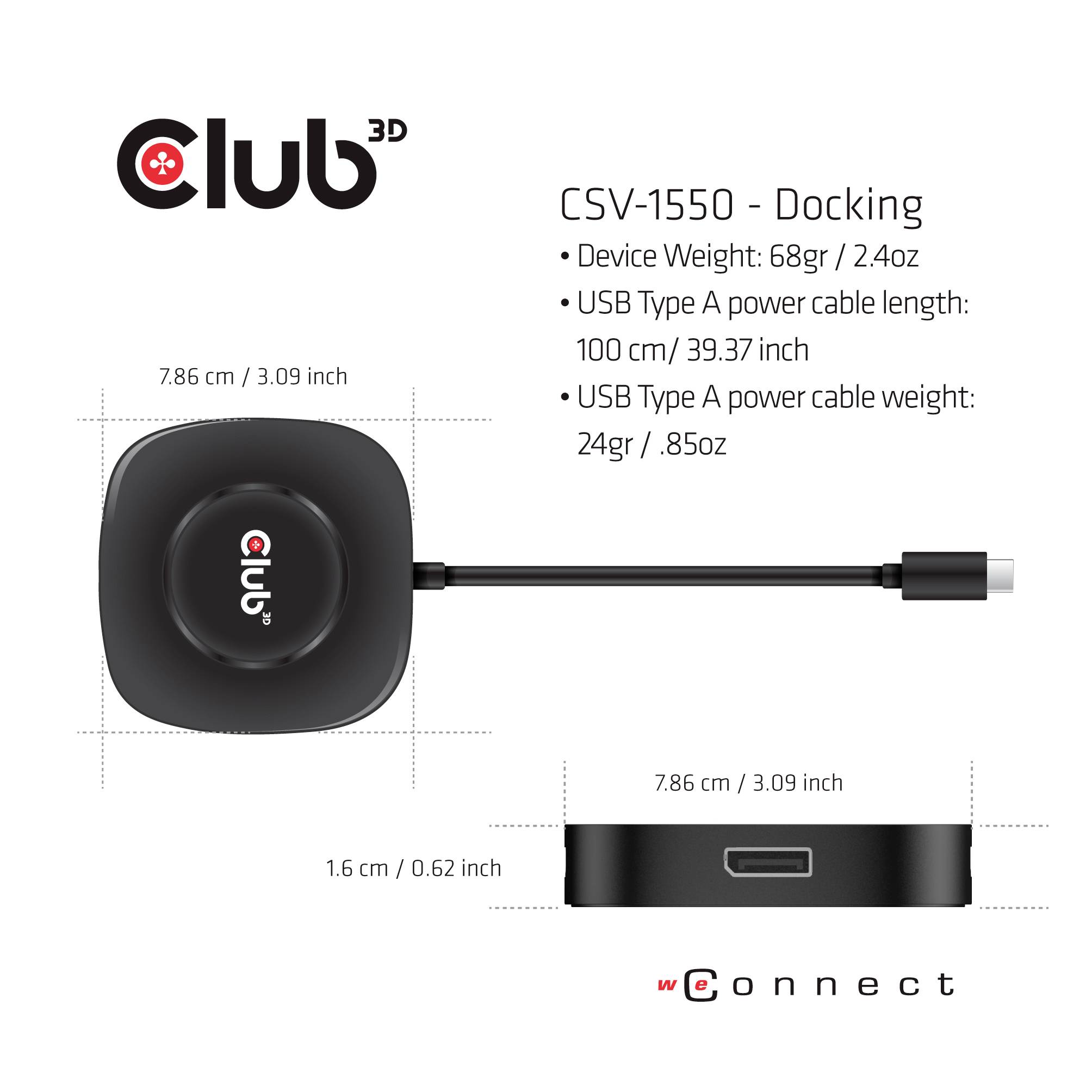 Bovenaanzicht en zijaanzicht van een zwart dockingapparaat met een afneembare USB-kabel; de afmetingen en het gewicht van het apparaat zijn vermeld.