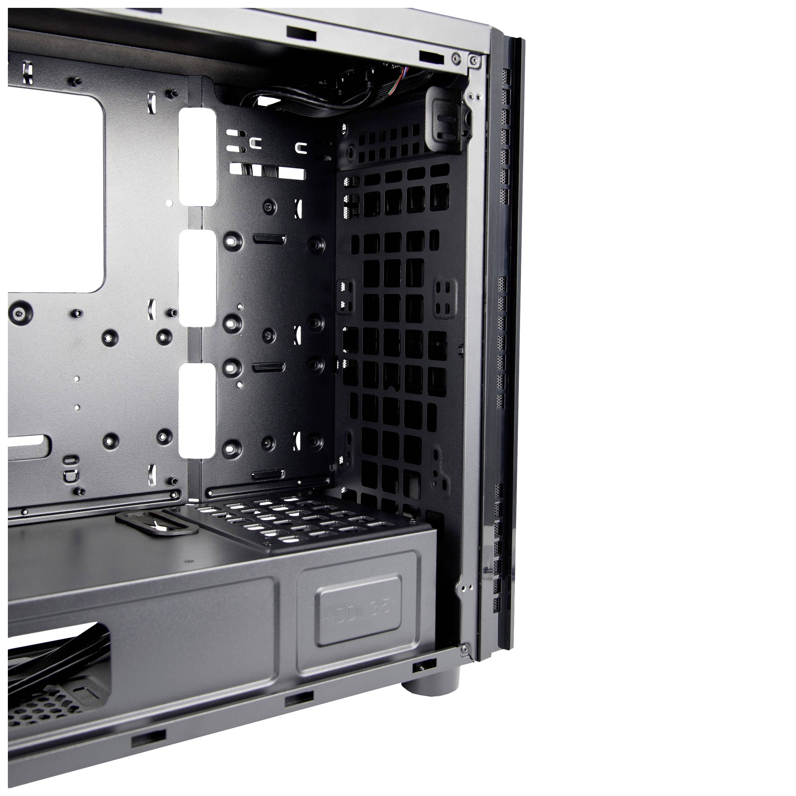 Binnenaanzicht van een leeg computerbehuizing met montageplaatsen voor hardwarecomponenten en kabelbeheeropties.