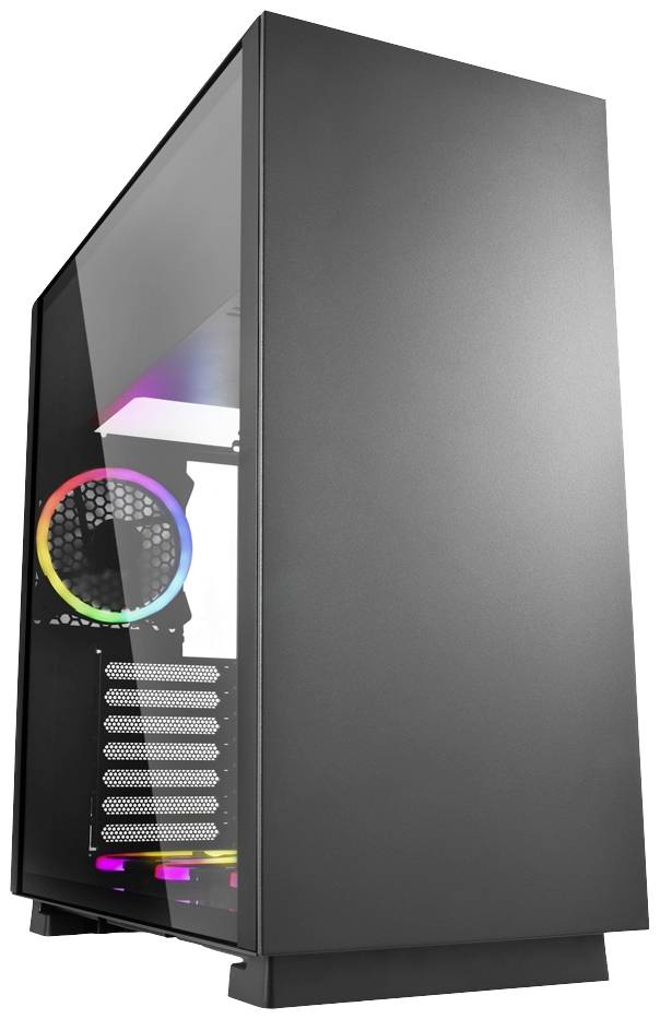 Pc-behuizing van zwart metaal met een zichtbare ventilator die in regenboogkleuren oplicht en een transparant zijpaneel.