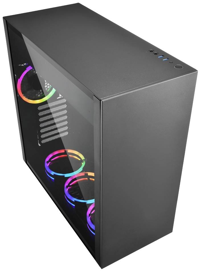 Zwart computerbehuizing met transparant zijpaneel, toont drie verlichte ventilatoren met RGB-LED's aan de binnenkant.