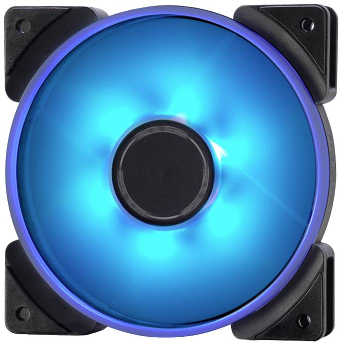 Blauwe LED-computerventilator met zwart frame, schijnt helder.