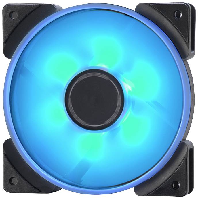 Blauwe computerfan met centrale naaf en meerdere bladen, verlicht met LED-verlichting. Geschikt voor koeling in pc's.