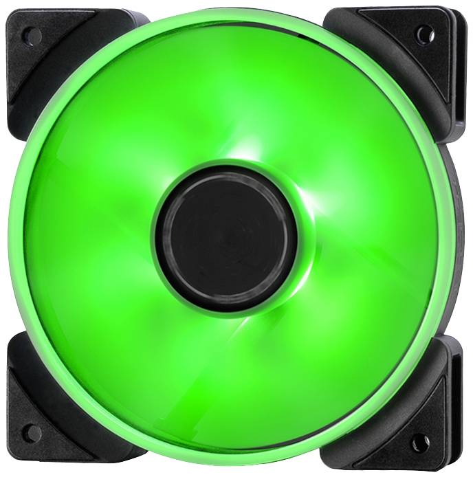 Een groene LED-ventilator met een vierkant frame, gemonteerd op vier hoeken. De ventilator schijnt gelijkmatig in helder groen.