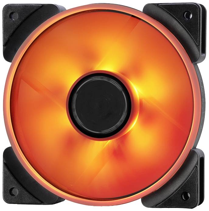 Ronde computerventilator met fel oranje LED-verlichting, gemonteerd in een zwarte behuizing.
