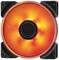 Ronde computerventilator met fel oranje LED-verlichting, gemonteerd in een zwarte behuizing.