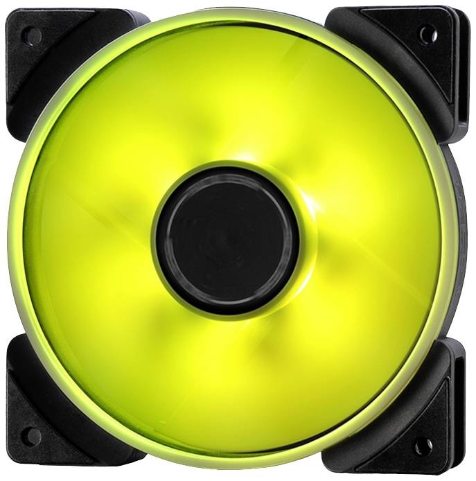 Rode gele computerventilator omgeven door een zwarte behuizing. De ventilator is actief en vertoont een lichte bewegingsonscherpte.